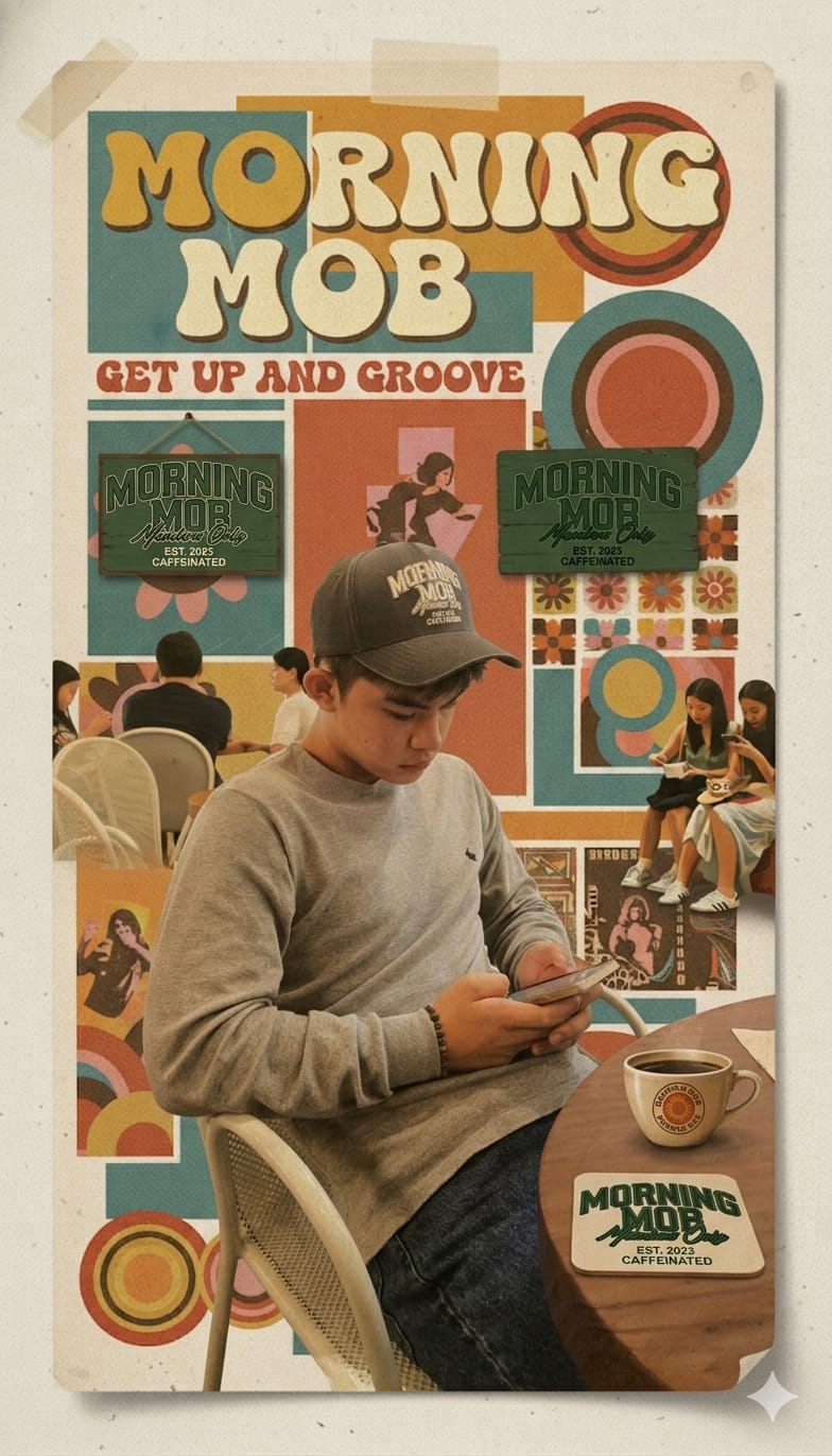 Linus with the Morning Mob brand wall
